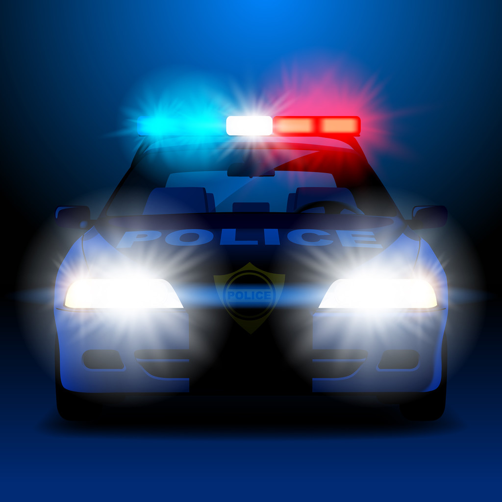警车在夜晚灯火在正面视图
